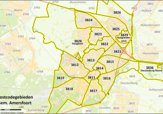 Kaart met daarop aangegeven de postcodegebieden in Amersfoort