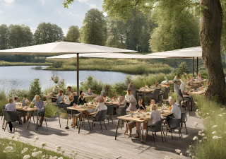 Digitale schets van terras 't Hammetje met een houten vlonder terras langs het water met daarop stoelen en tafels waaraan mensen zitten te eten onder grote parasols.