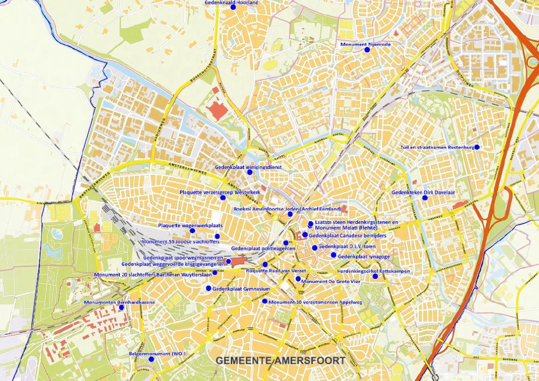 Kaart van Amersfoort met daarop de monumenten aangegeven