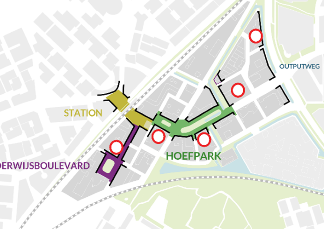 De hoofdstructuur van Hoefkwartier bestaat uit station Schothorst, het Hoefpark en de onderwijsboulevard. Daaromheen de plekken waar nu nog geen ontwikkeling is.