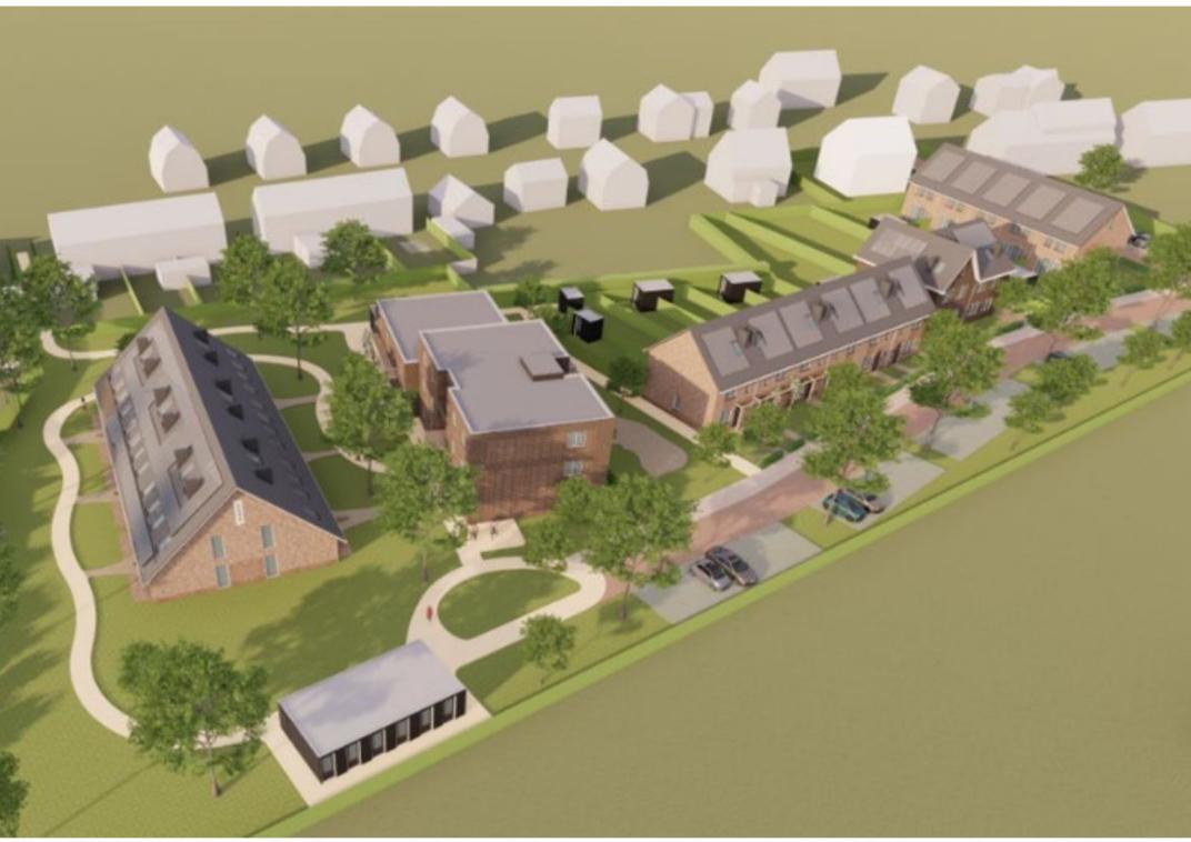 Tekening met 4 huizenblokken en 1 appartementencomplex 