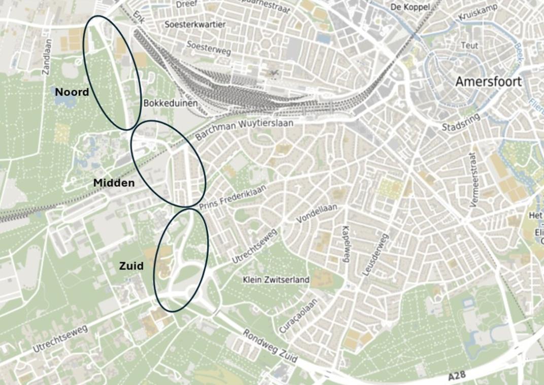 Kaart van Amersfoort met de 3 delen Noord, Midden en Zuid 
