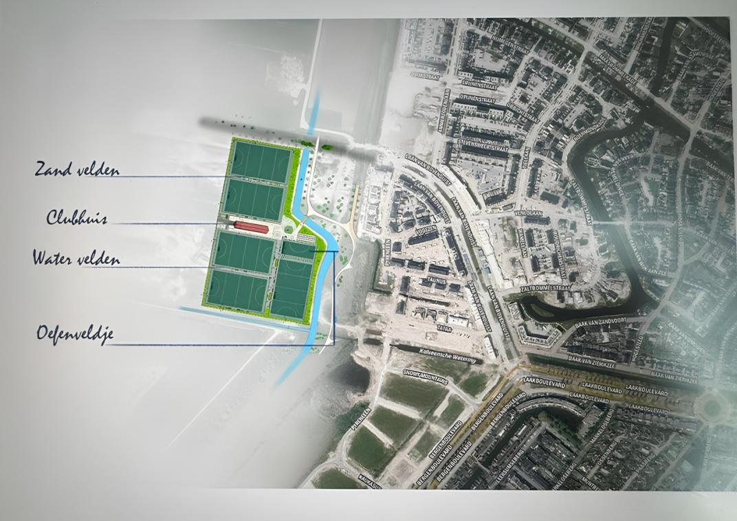 De nieuwe locatie met linksboven 2 zandvelden, daaronder het nieuwe clubhuis, linksonder 2 watervelden, daarnaast overdwars een veld, met daarboven een oefenveldje 
