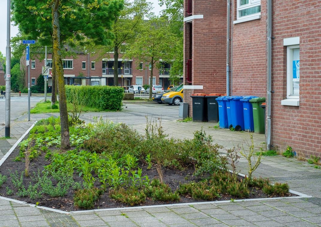 Een pleintje in de wijk Schothorst waar nu een strook groen ligt in plaats van stenen
