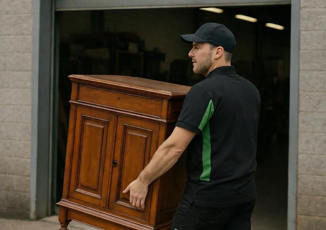 man die kast brengt naar kringloopwinkel
