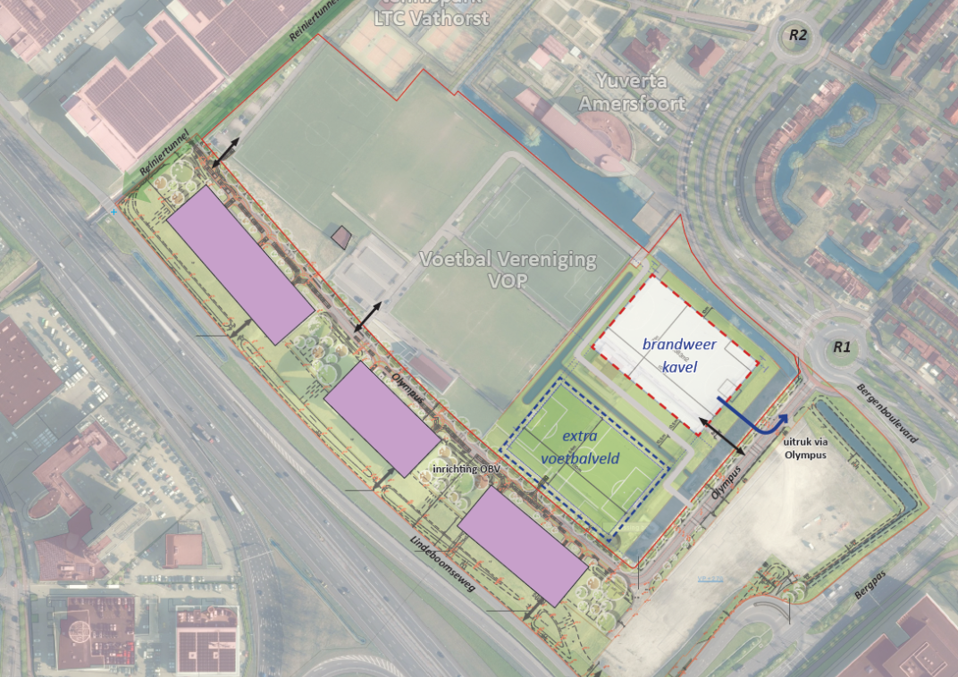 Luchtfoto van de gekozen locatie voor de brandweerkazerne en het extra voetbalveld