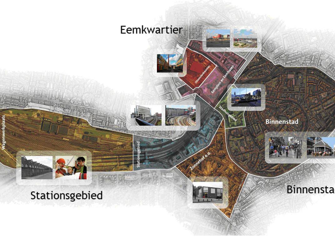 Een plattegrond van Amersfoort met daarop aangegeven Eemkwartier, het stationsgebied en de binnenstad