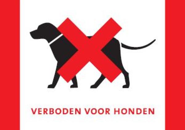 Een verboden voor honden bord; een zwarte illustratie van een hond met een rood kruis erop