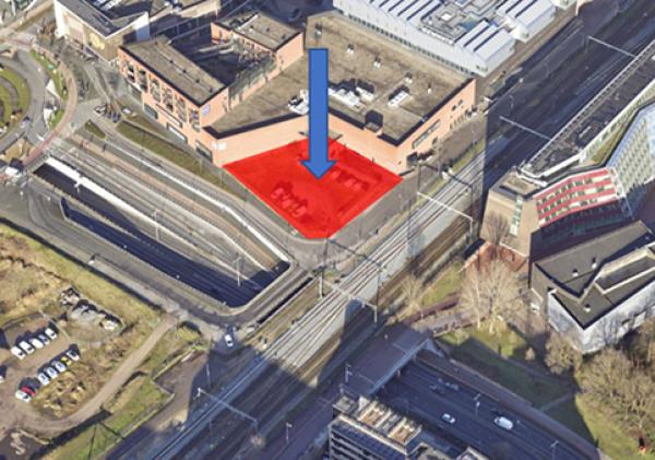 Luchtfoto waarop met een rood vlak Blok 5 wordt aangegeven