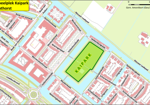 Plattegrond waarop het Kaipark met een groen vlak wordt aangegeven