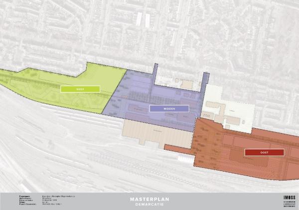 Plattegrond met daarop aangegeven de 3 deelgebieden: West, Midden en Oost