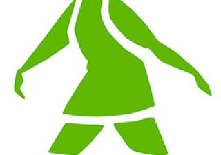 Een digitale illustratie van een groen silhouet van een lopende vrouw. De figuur is in profiel afgebeeld, met uitgestrekte armen en benen alsof ze in beweging zijn.