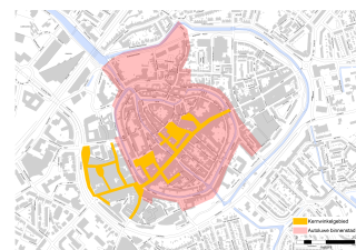 Plattegrond waarop met geel het emissievrije Kernwinkelgebied wordt aangegeven en met roze het gebied van de autoluwe binnenstad