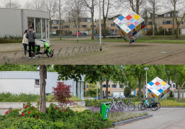 Foto van Sporthal Zielhorst voor en na het plaatsen van groen