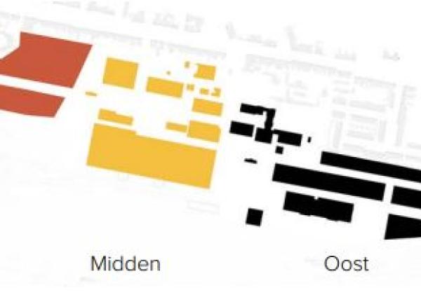 Een plattegrond met daarop in rood, geel en zwart aangegeven de deelgebieden van de Wagenwerkplaats