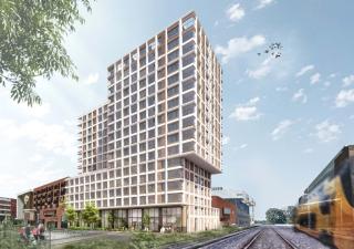 Het digitale ontwerp van woontoren Blok 5, een hoekig gebouw met veel ramen 