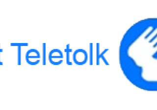 Logo van Bel met Teletolk; een blauw vlak met daarop twee witte handen en een de witte letter T