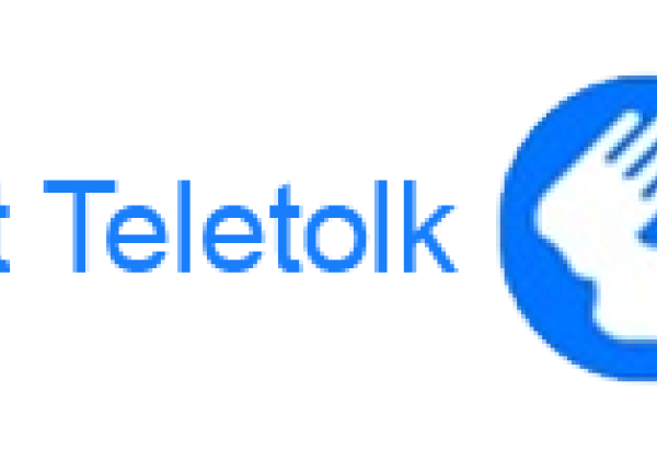 Logo van Bel met Teletolk; een blauw vlak met daarop twee witte handen en een de witte letter T