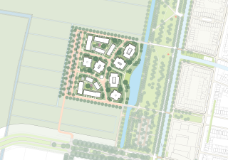 De plankaart met de indeling van de gebouwen (21% van het plangebied), het groen (48% van het plangebied), de parkeerplaatsen (8% van het plangebied) en de wegen en voetpaden (23% van het plangebied). 