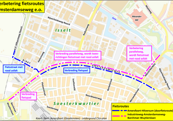 Plattegrond met daarop aangeven de fietsroute Amersfoort naar Hilversum en de fietsroute Industrieweg, Amsterdamseweg en Barchman Wuytierslaan