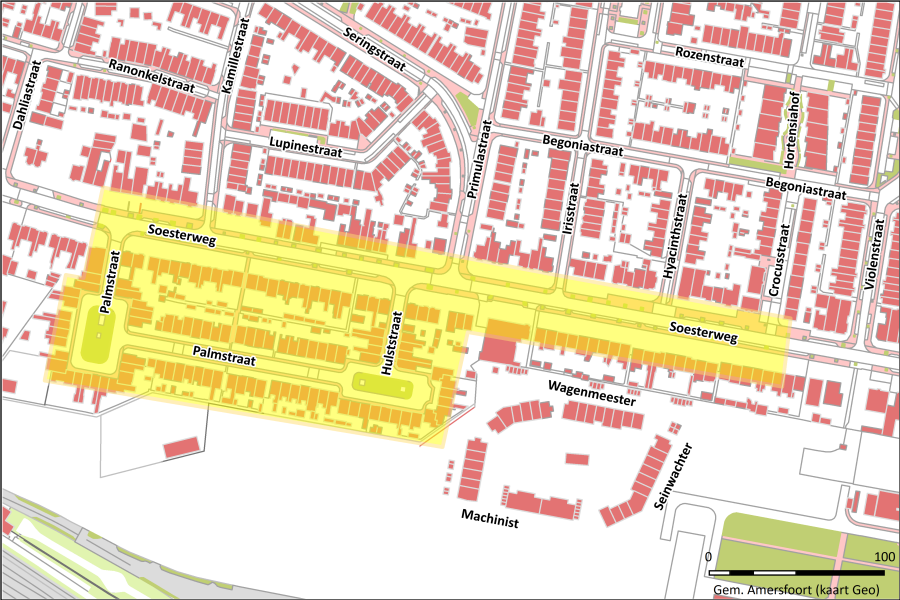Plattegrond met daarop aangegeven het Palmstraat gebied