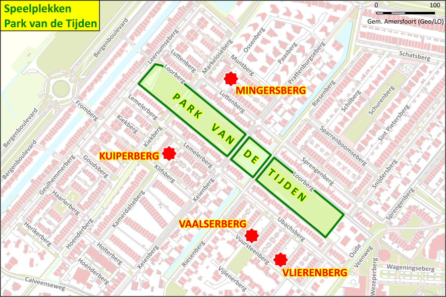 Kaartje met daarop aangegeven de speelplekken Park van de Tijden