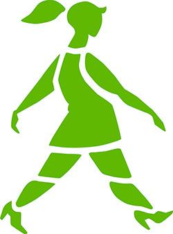 Een digitale illustratie van een groen silhouet van een lopende vrouw. De figuur is in profiel afgebeeld, met uitgestrekte armen en benen alsof ze in beweging zijn.