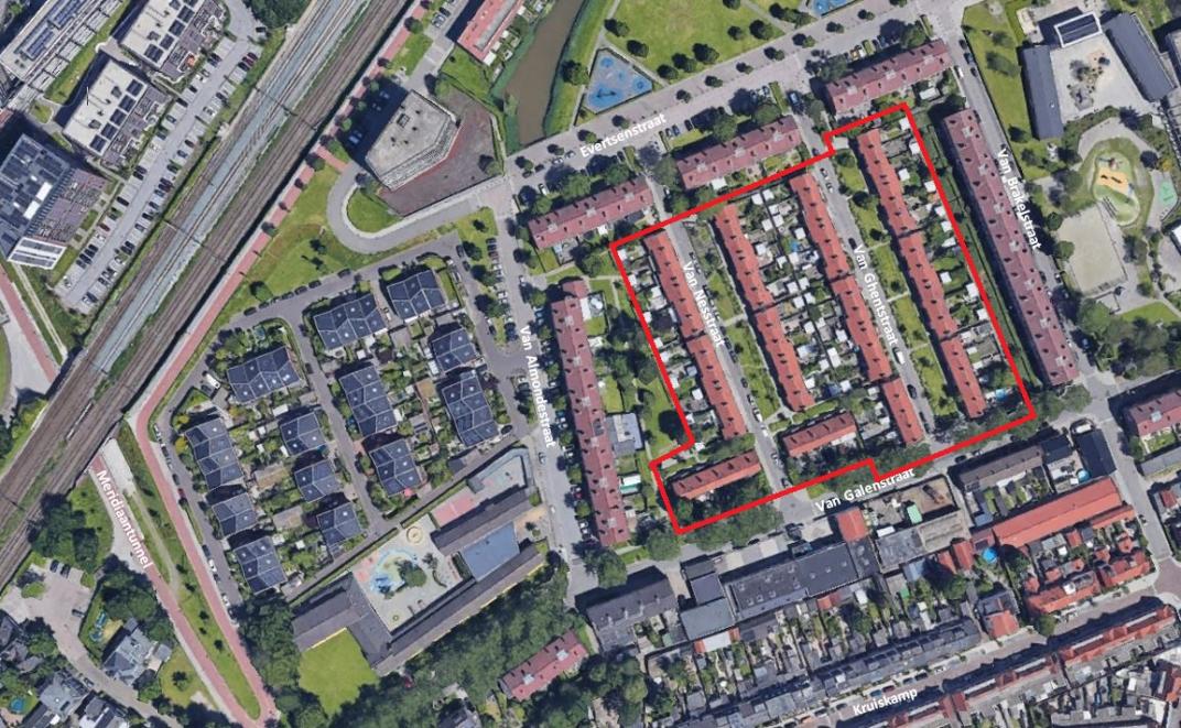 Luchtfoto met daarop in rood aangegeven Van Ghent- Van Nes- Van Galenstraat