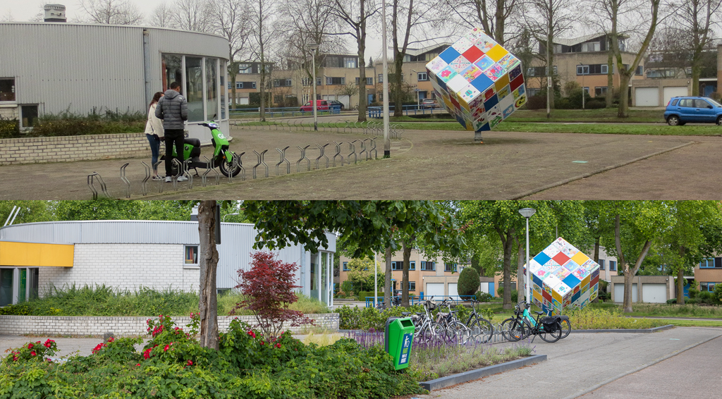 Foto van Sporthal Zielhorst voor en na het plaatsen van groen
