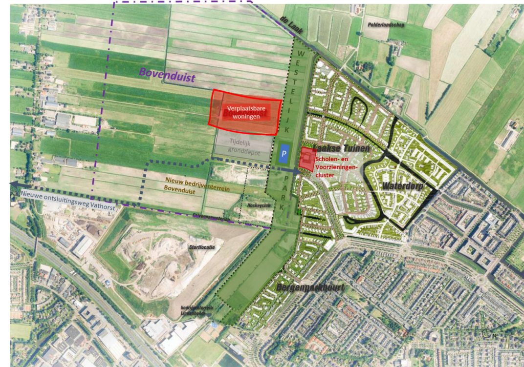 Kaart met daarop aangegeven de plek waar de verplaatsbare woningen moeten komen. Dat is aan de westkant van het Westelijk park in Vathorst.