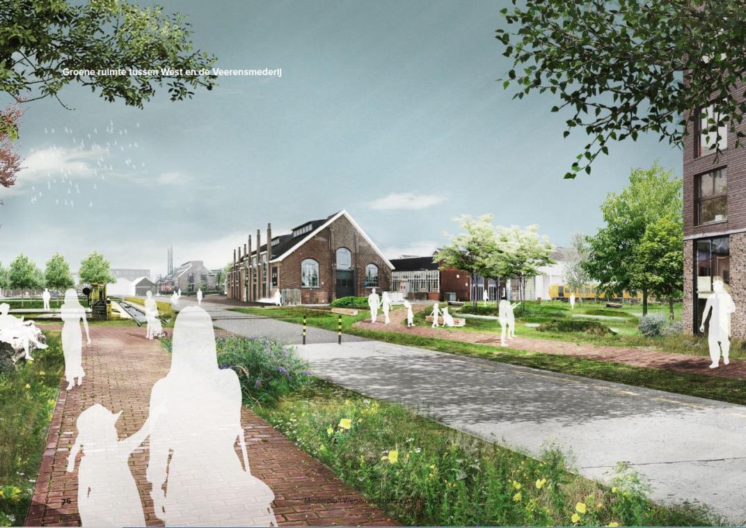 Een digitaal ontwerp van de groene ruimte tussen West en de Veerensmederij; een grijs fietspad met groene randen waar weel bloemen en planten in groeien en voetpaden van rode klinkers