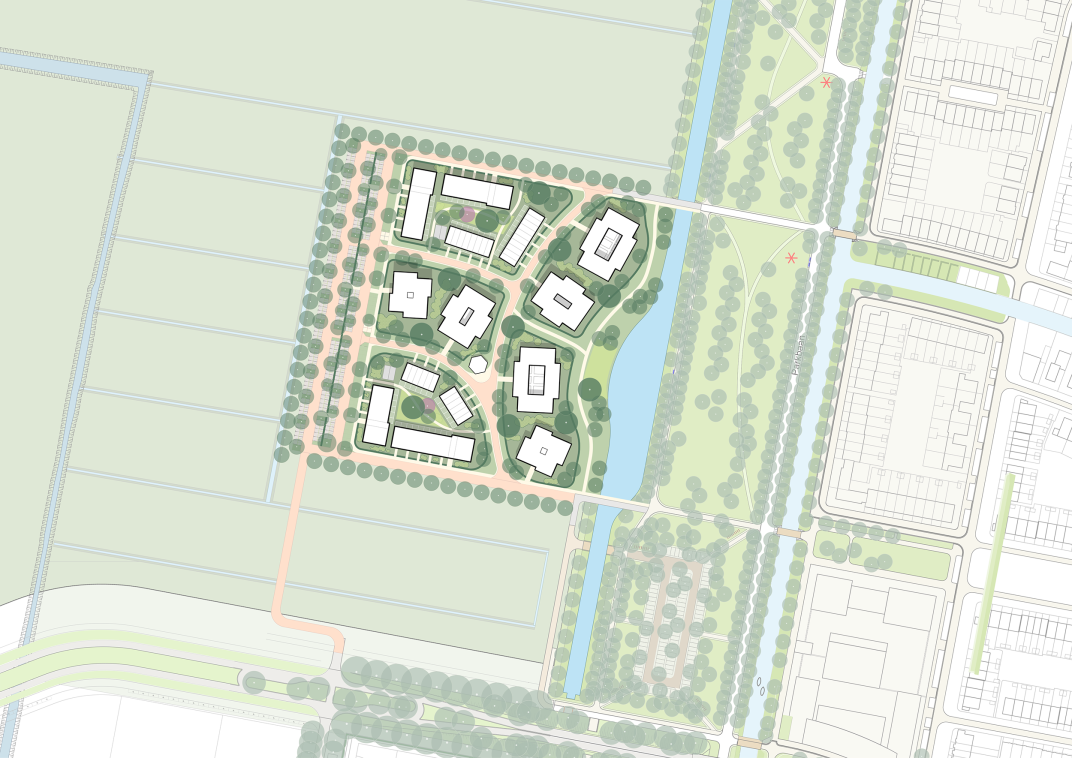 De plankaart met de indeling van de gebouwen (21% van het plangebied), het groen (48% van het plangebied), de parkeerplaatsen (8% van het plangebied) en de wegen en voetpaden (23% van het plangebied).