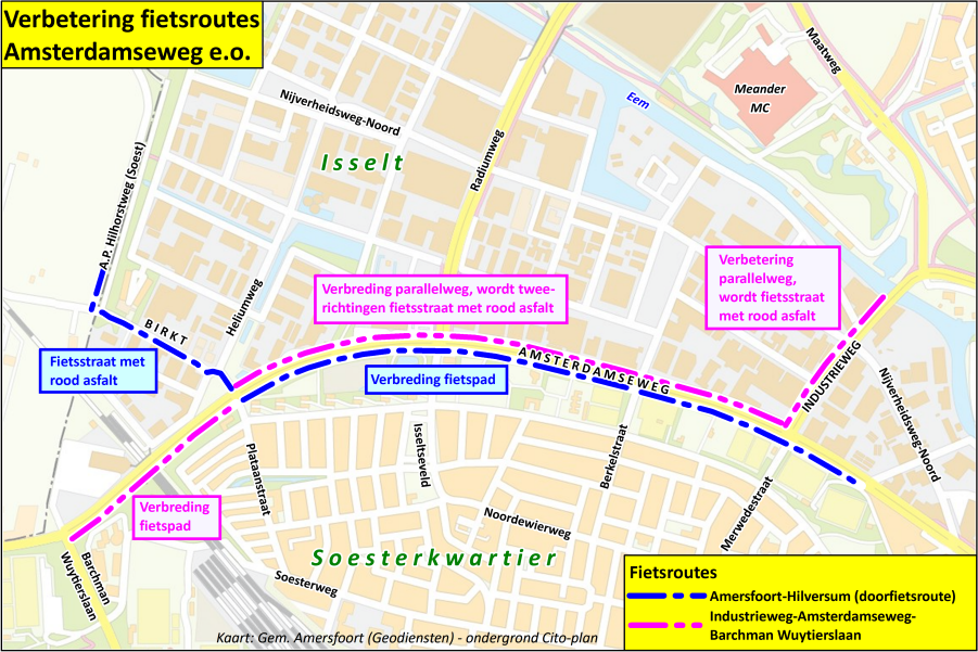 Plattegrond met daarop aangeven de fietsroute Amersfoort naar Hilversum en de fietsroute Industrieweg, Amsterdamseweg en Barchman Wuytierslaan