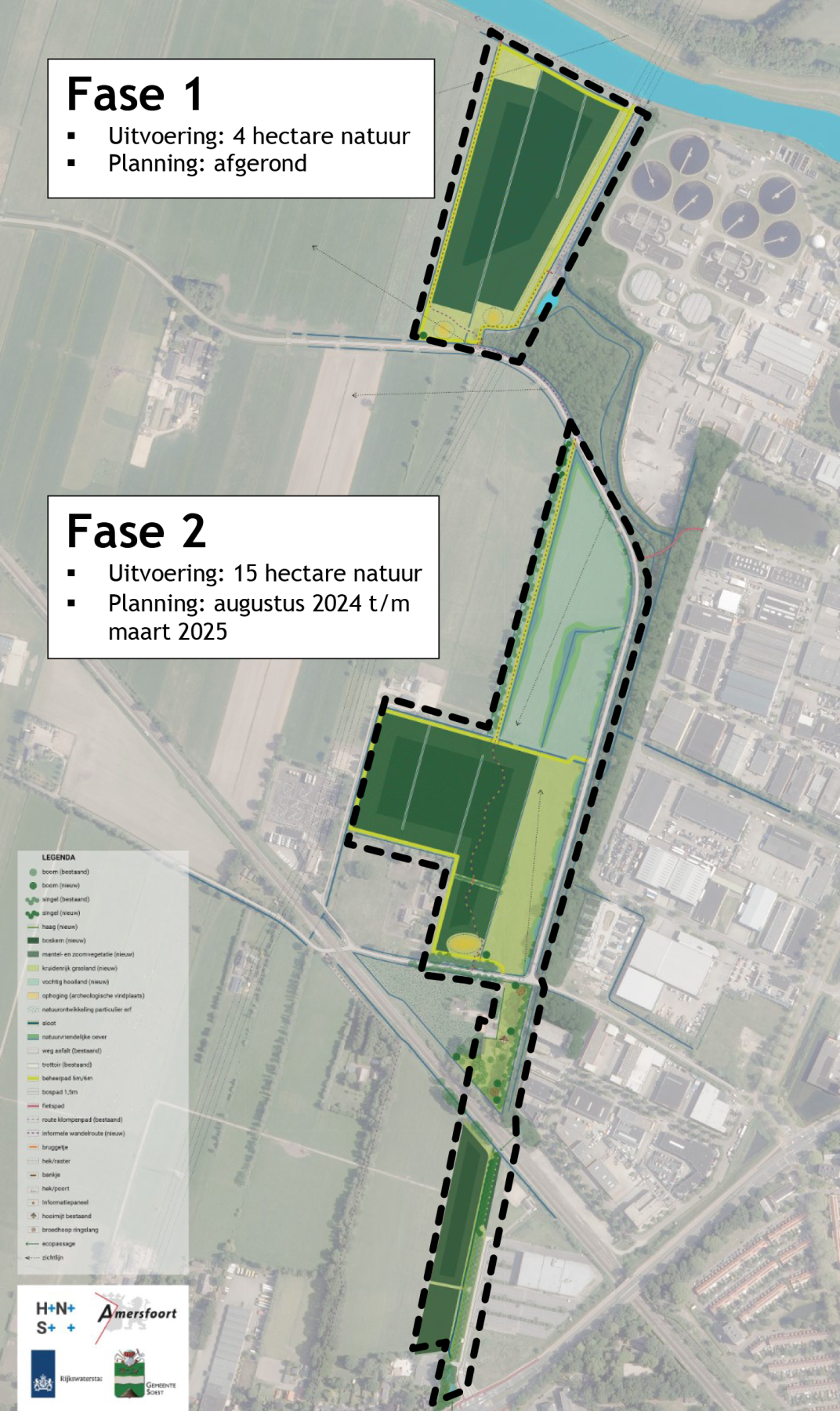 Een overzichtskaart waar met stippellijnen de aan te leggen natuurzone aan de Melksteeg wordt gemarkeerd