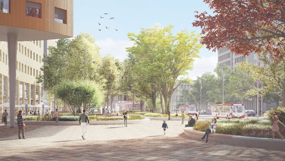 Schets van hoe het Stationsplein in Amersfoort eruit komt te zien