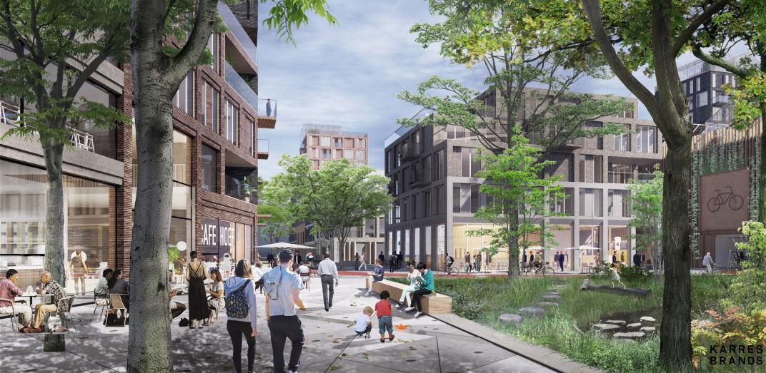 Ontwerpvoorstel van het Hoefkwartier met daarop gebouwen, bomen en mensen