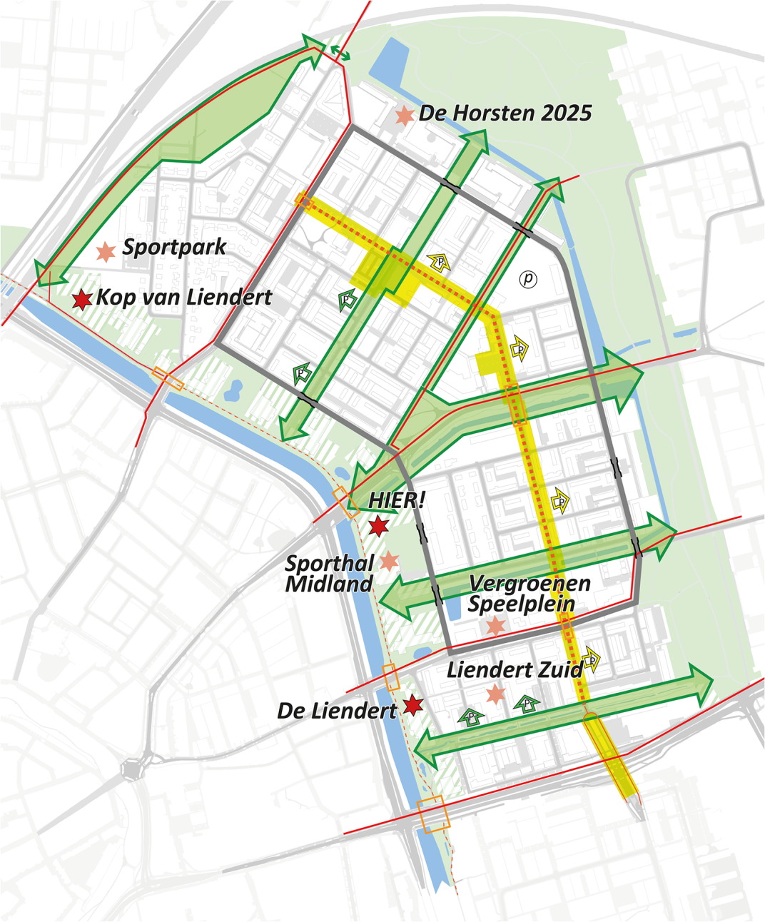 Plattegrond van de wijk Liendert met daarop met geel aangegeven de Wiekslag, met groene pijlen de groene verbindingen en verder staan erop aangegeven De Horsten, het sportpark, de Kop van Liendert, de gebiedsontsluitingsweg, Sporthal Midland, het te vergroenen speelplein, Liendert Zuid en De Liendert.