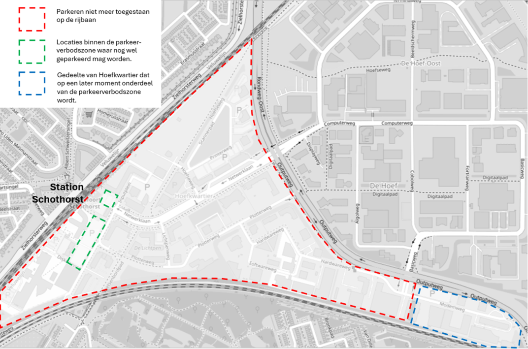 Kaartje van het Hoefkwartier waarop staat aangegeven waar je wel en niet mag parkeren