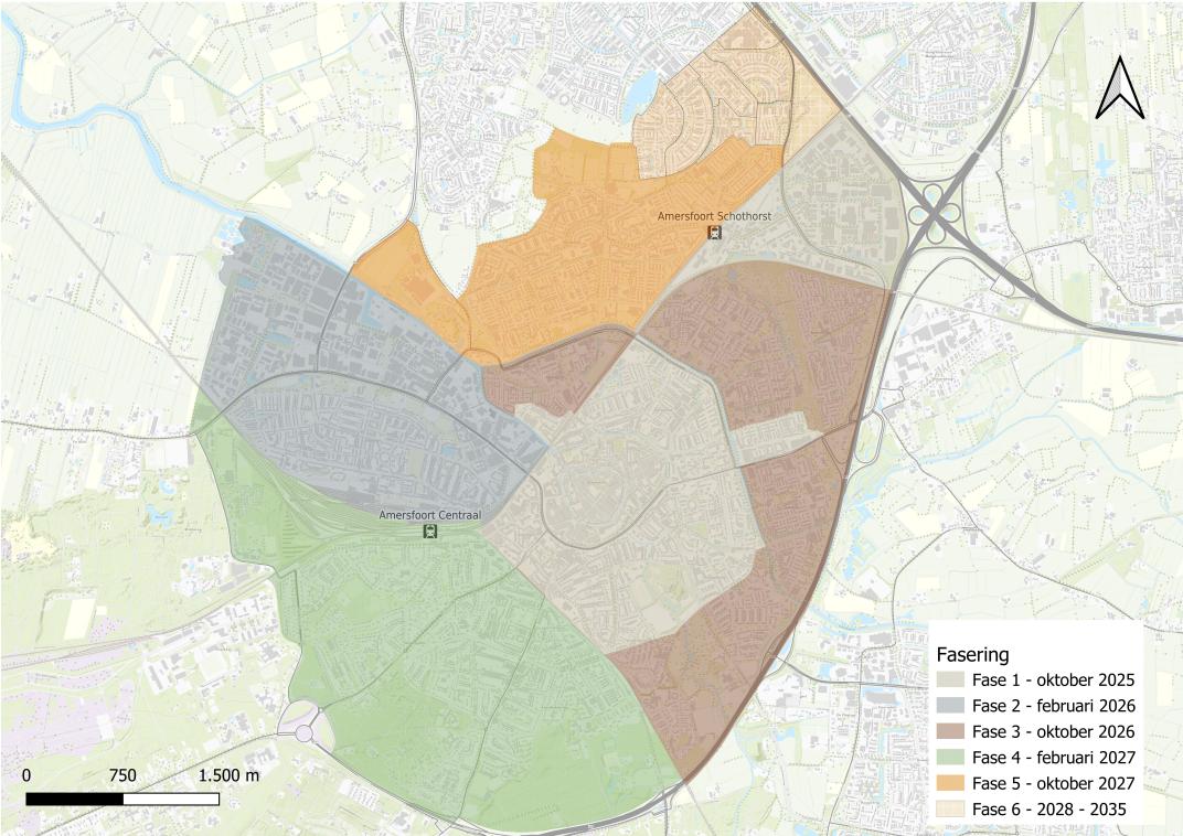 kaart van Amersfoort met wanneer de wijken overgaan naar betaald parkeren vanaf oktober 2025