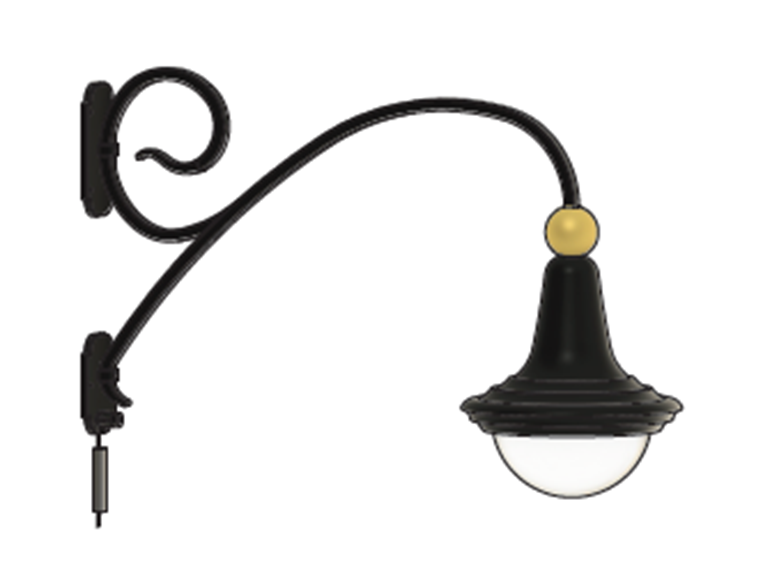 Een krullende wandhaak met daaraan een lantaarn-achtige lamp.