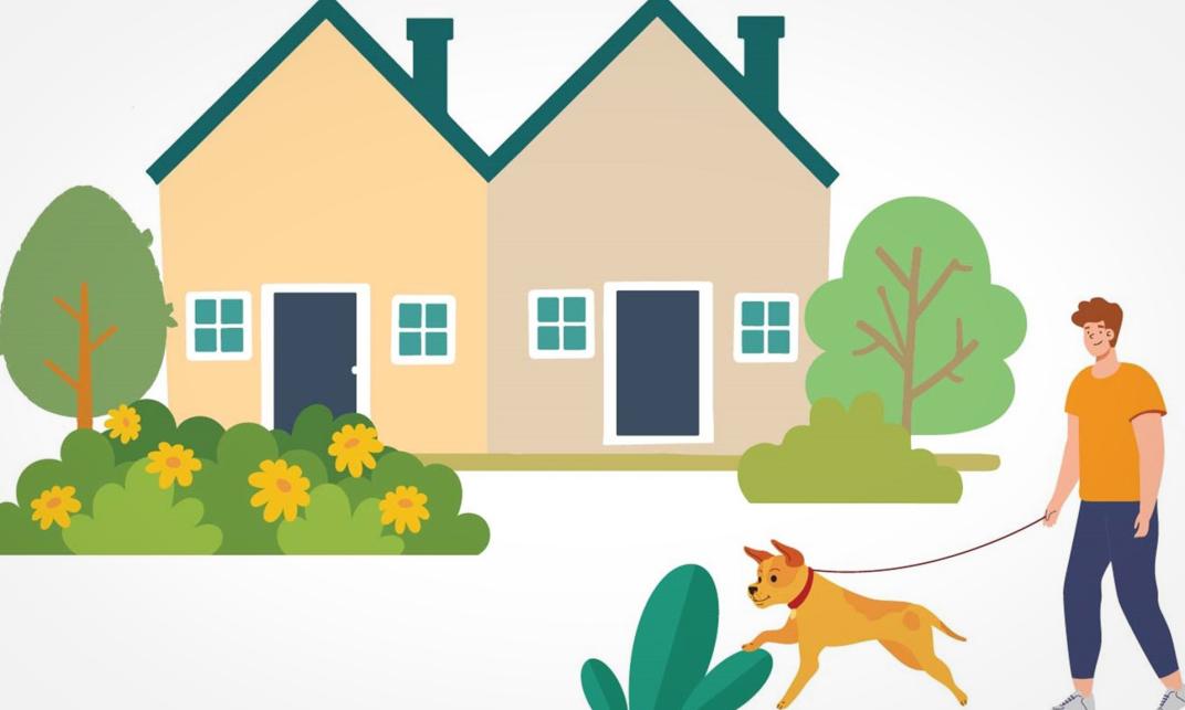 Een illustratie van een man die zijn hond uitlaat met op de achtergrond twee huizen met boompjes.