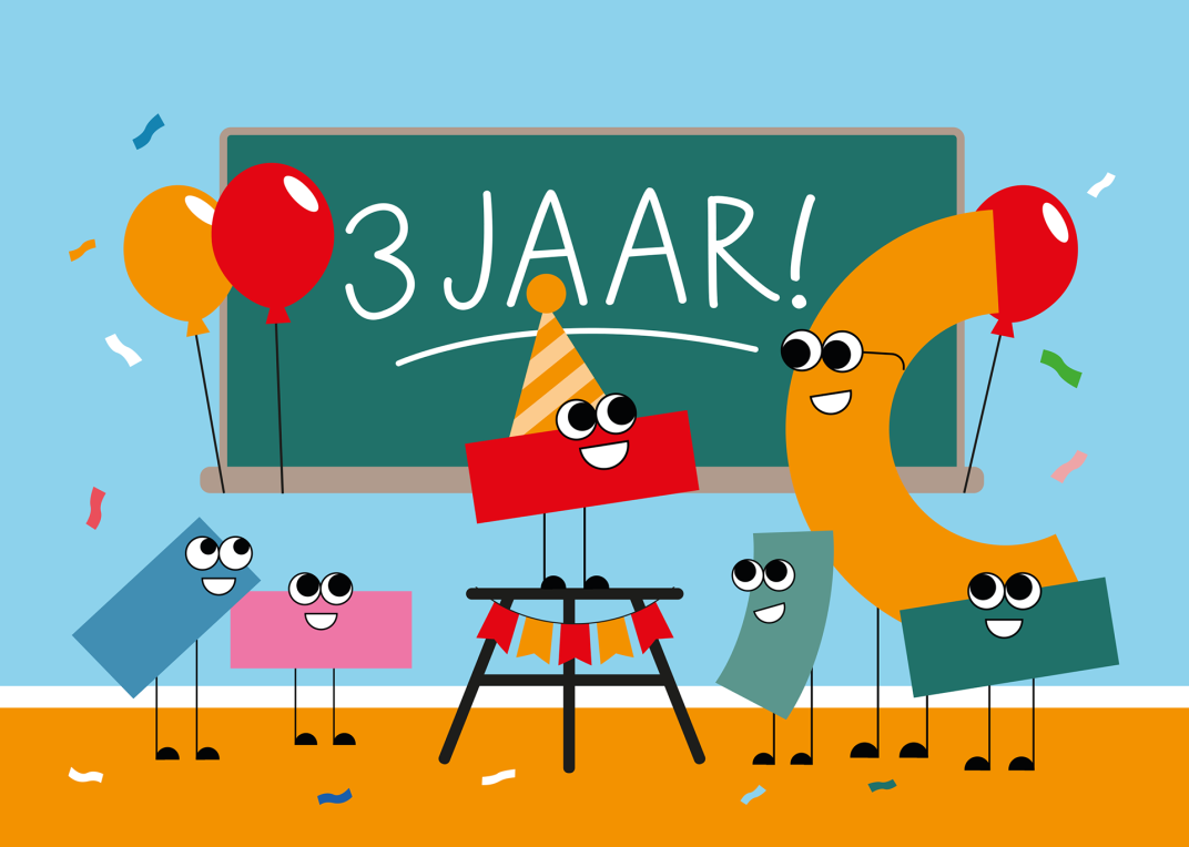 Een illustratie van gekleurde poppetjes voor een schoolbord met een felicitatie tekst voor 3 jaar