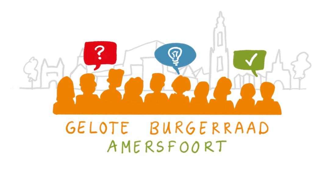 Logo van de gelote burgerraad met poppetjes met op de achtergrond de stadshorizon van Amersfoort