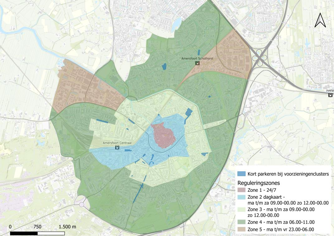 kaart van Gemeente Amersfoort met de indeling van de parkeerzones