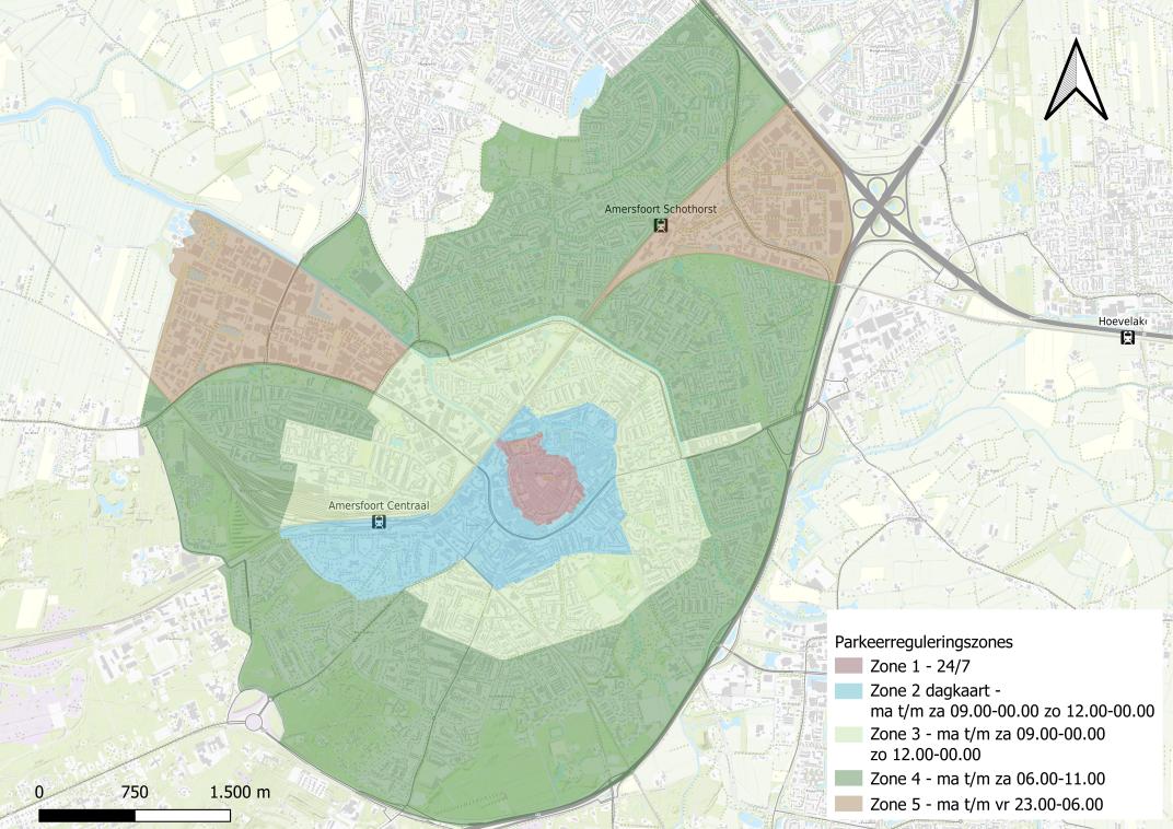kaart van Gemeente Amersfoort met de indeling van de parkeerzones zonder kort parkeren
