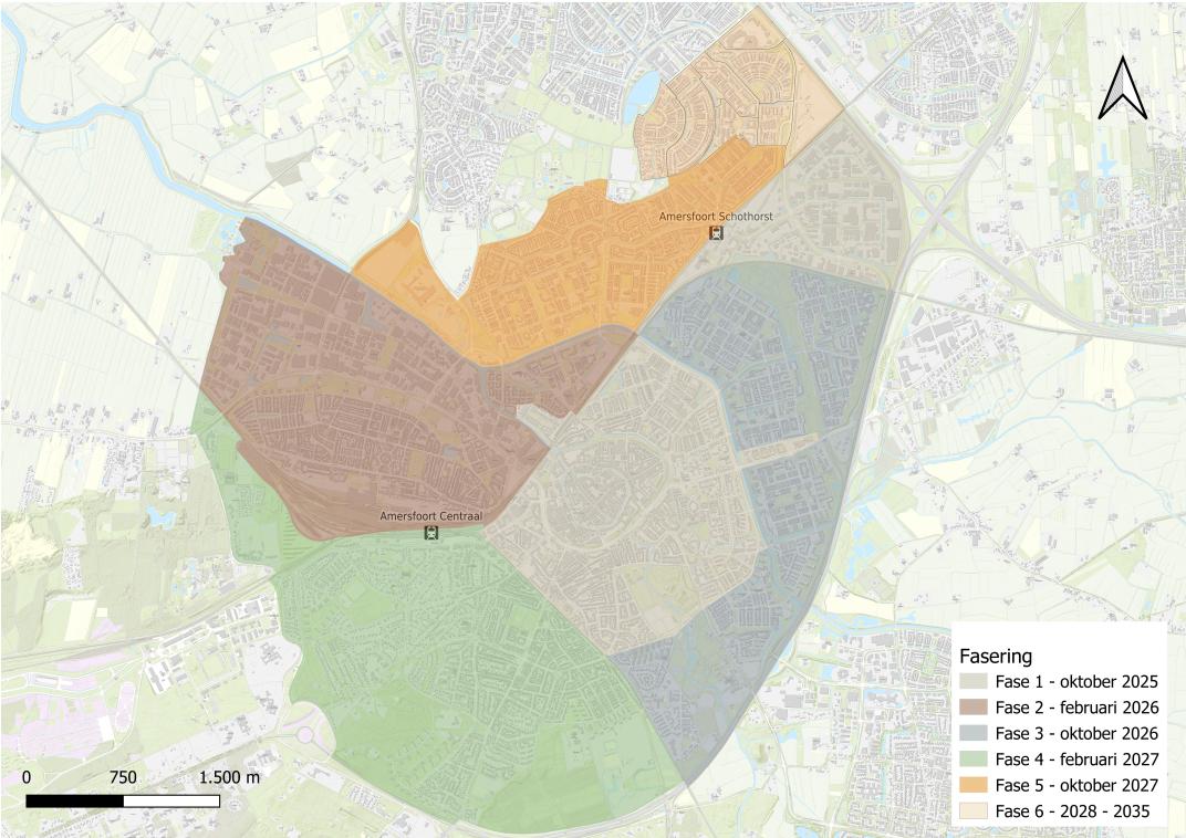 Een kaart van welke gebieden in Amersfoort in welke fase en op welke datum betaald parkeren krijgen.