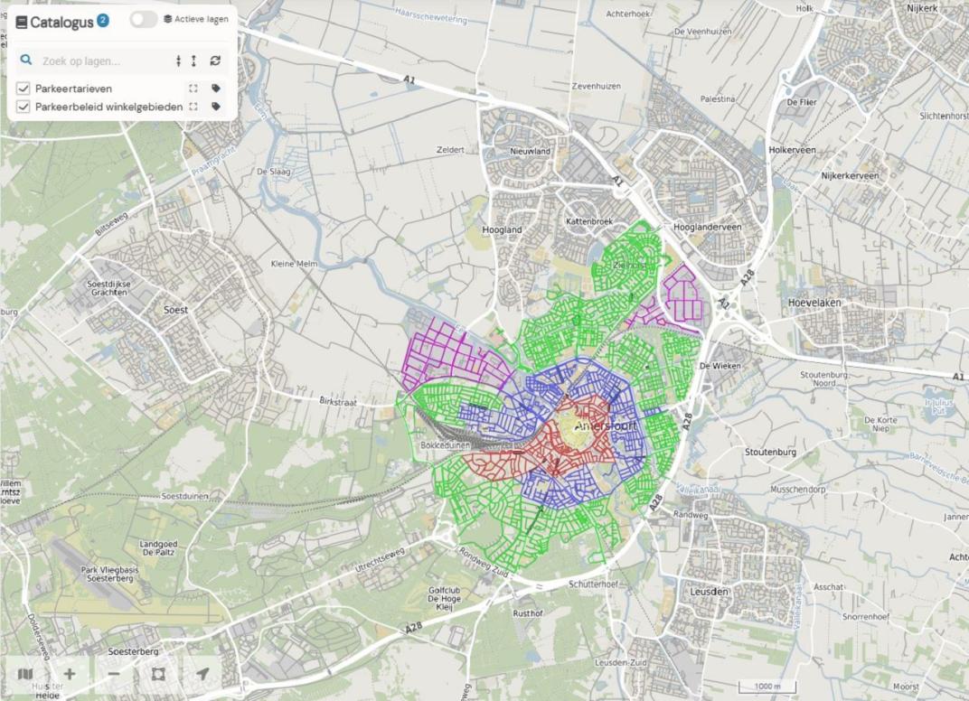 kaart van Gemeente Amersfoort met de indeling van de parkeerzones voor bezoekers