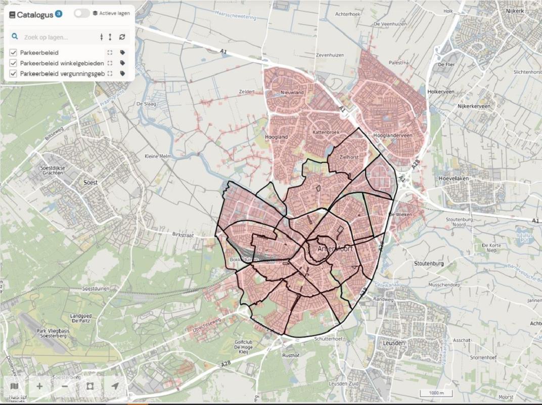 kaart van Gemeente Amersfoort met de indeling van de parkeerzones