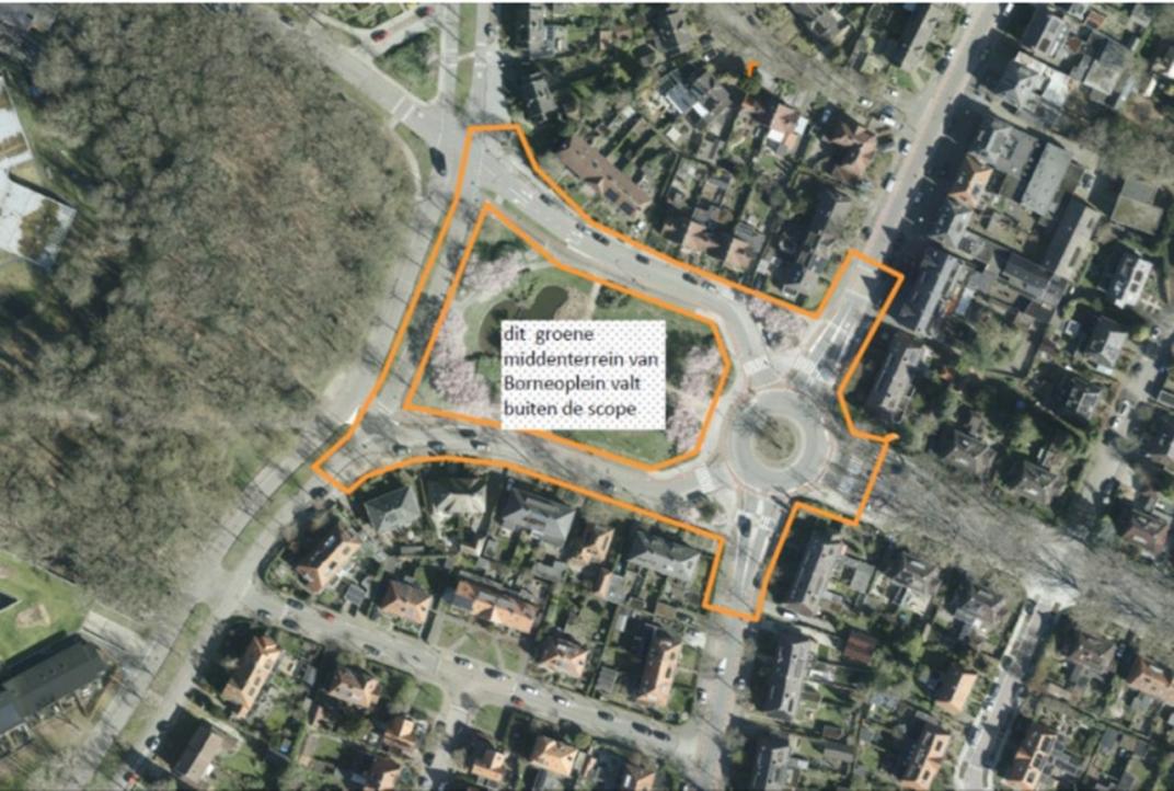 Plattegrond van het werkgebied rondom het Borneoplein, zonder werkzaamheden aan het groene middengebied