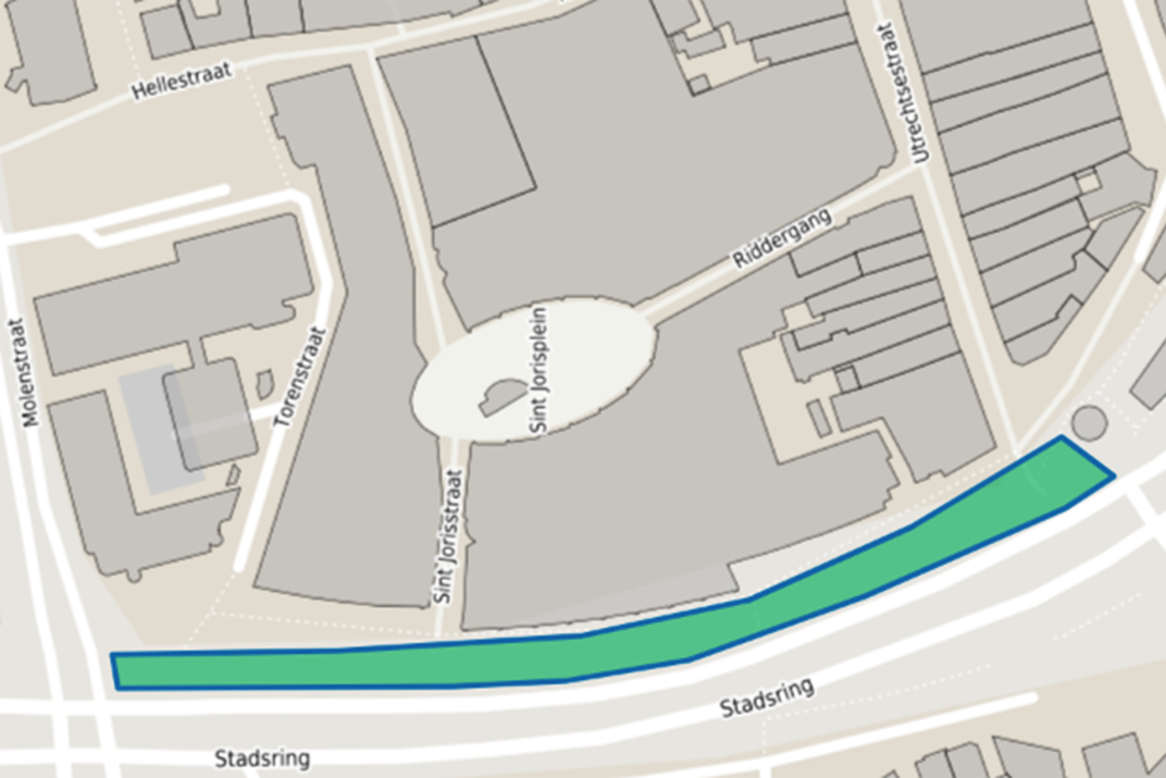 Plattegrond met daarop aangegeven het gebied aan de Stadsring vanaf de Molenstraat tot aan Amicitia